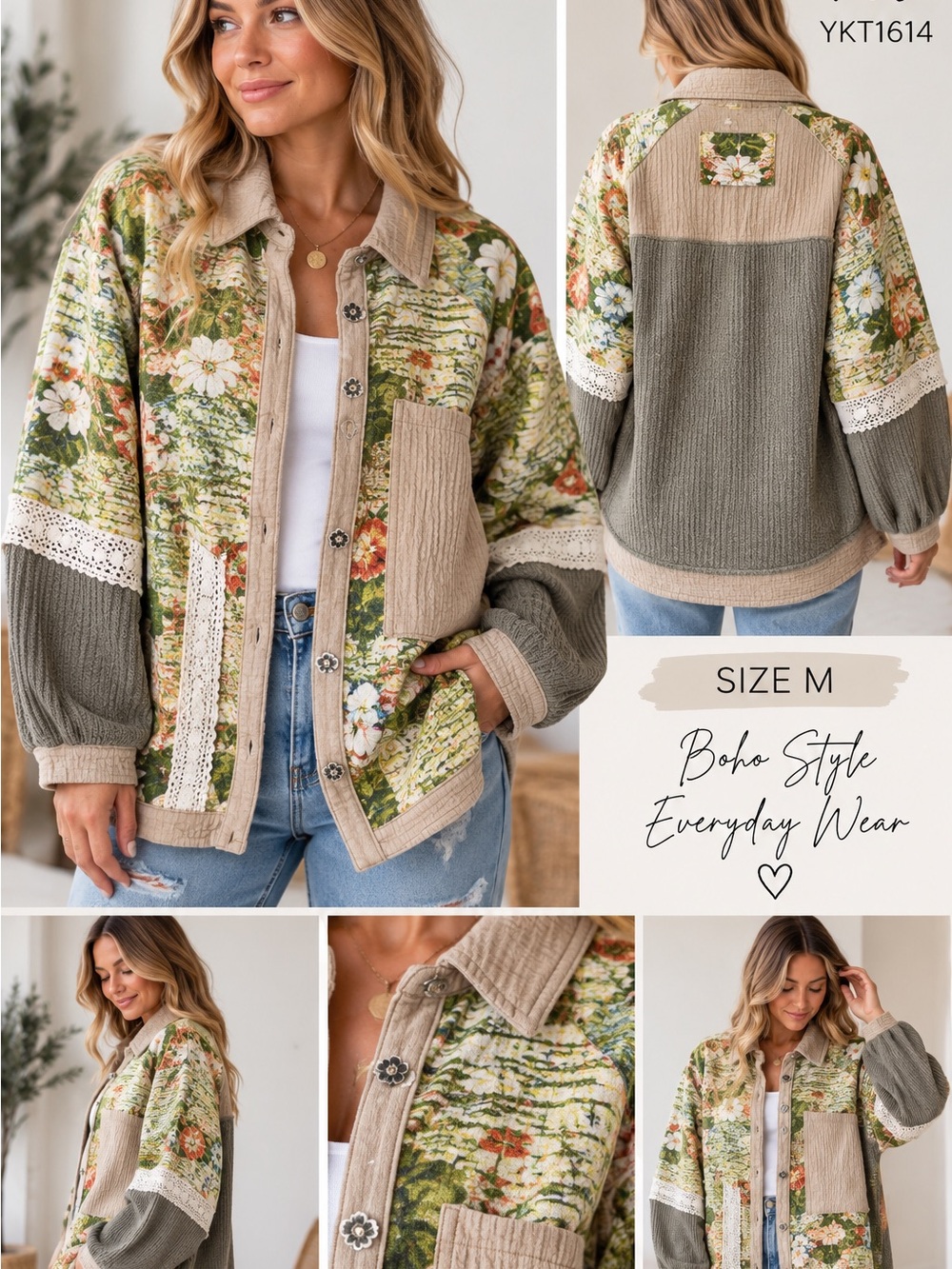 POL boho Floral Patchwork Mixed Media Lace Trim Button Front Jacket sz med